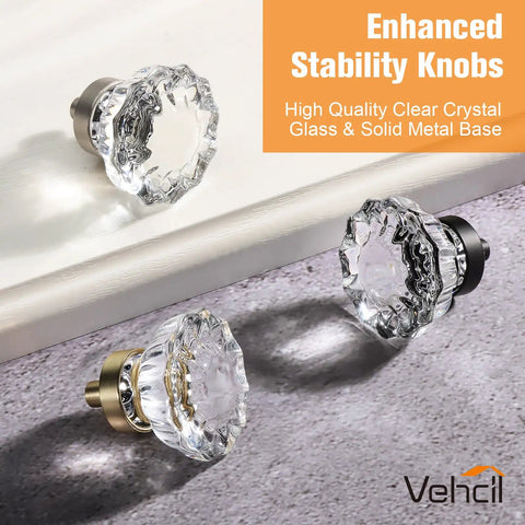 Gold Crystal Cabinet Knobs 8 Pack With Round Flower Design For Dresser, Cupboard, Closet And Drawers, three knobs displayed
