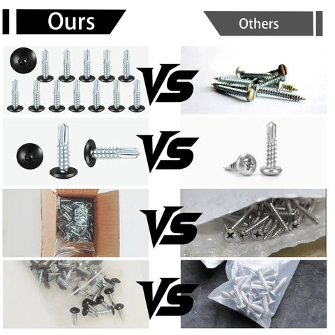 Comparison image of Heavy Duty Self Tapping Trailer Screws Number Ten By Three Quarter Inch Zinc Plated Big Rig Ready Fasteners.