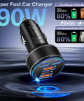 Usb C Car Charger Featuring 90W Fast Charging Multi Port Cigarette Lighter Adapter, sleek design with dual type C and USB A ports.