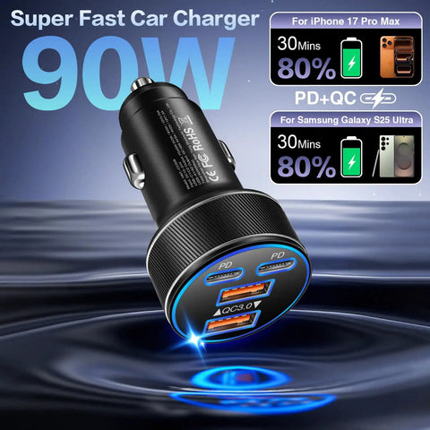 Usb C Car Charger Featuring 90W Fast Charging Multi Port Cigarette Lighter Adapter, sleek design with dual type C and USB A ports.