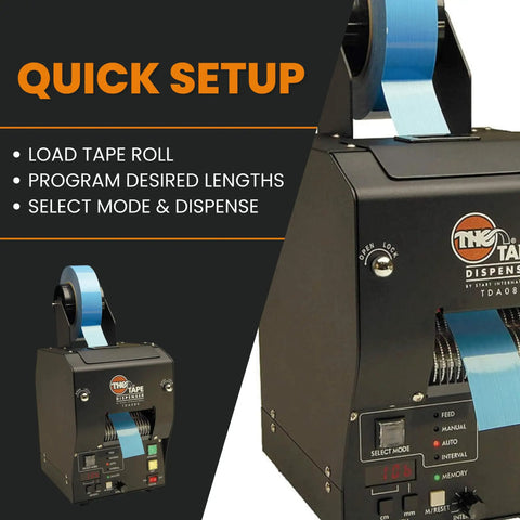 Pro Level Industrial Grade Automatic Tape Dispenser No Sweat Electronic Tape Cutter Programmable Precision Cuts Up To 394 Inches Zero Waste Steel Machine with tape roll loaded.