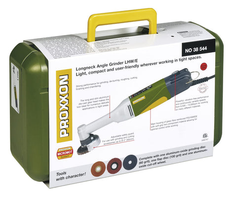 Longneck Mini Angle Grinder LW E With Variable Speed Control Includes 60 Grit Carborundum Disc And Reinforced Fan Sander package