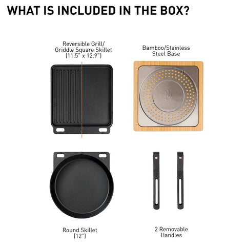 Contents of Pi Cast Iron Three Piece Cookware Set With Round Skillet And Reversible Grill Griddle Removable Handles Bamboo Base