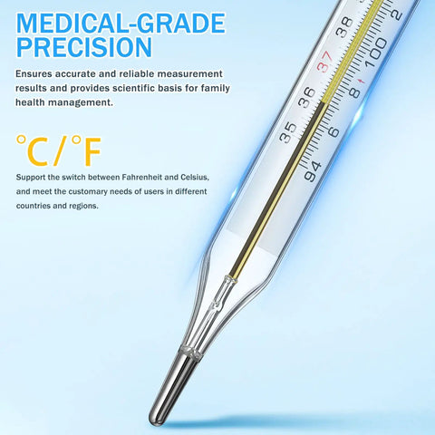 Five Piece General Use Temperature Testing Tools With Dual Scale Fahrenheit And Celsius For Accurate Readings For Adults And Kids Underarm And Oral Use Easy To Read For Everyday Health Checks, glass thermometer close-up