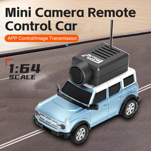 WLtoys 1 To 64 Scale Mini RC Car With 720P HD FPV Camera on a table showcasing app control and blue color