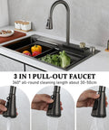 65x50 cm Kitchen Sink Multi-Function Faucet with Retractable Sprayers Includes Basket Strainer Siphon and Drainage Set for Efficient Water Flow with vegetables.