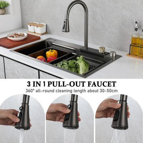 65x50 cm Kitchen Sink Multi-Function Faucet with Retractable Sprayers Includes Basket Strainer Siphon and Drainage Set for Efficient Water Flow with vegetables.
