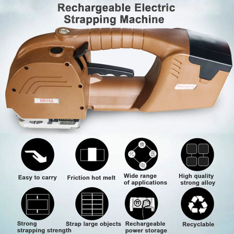 Heavy Duty Portable Electric Strapping Machine For 12-19 Mm PP PET Plastic Bands Handheld Automatic Baler Tool With Dual 6000 Mah Batteries, side view showing ergonomic grip.