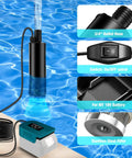 Plug And Go Submersible Water Pump Built For Makita 18V Batteries 635 GPH showing pump in water with outlet hose and battery.