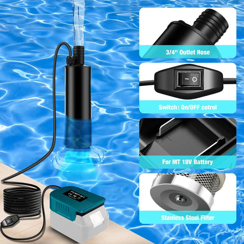 Plug And Go Submersible Water Pump Built For Makita 18V Batteries 635 GPH showing pump in water with outlet hose and battery.