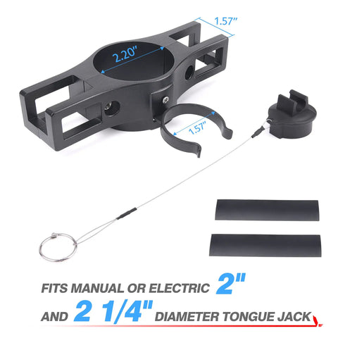 Heavy Duty Trailer Towing Organizer With Aluminum Chain Holder And 7 Way Plug Cover, Powder Coated, Anti Rust, Built Tough, shown disassembled with lanyard and plug cover alongside.