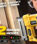 Heavy Duty Pro Grade Cordless 2 Inch Brad Nailer showing two nailing modes: single firing and contact firing on wood.