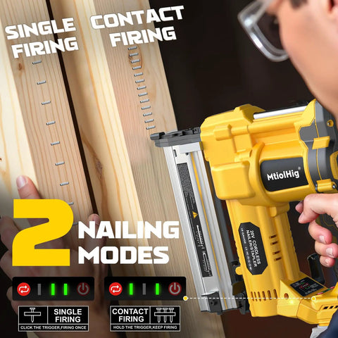 Heavy Duty Pro Grade Cordless 2 Inch Brad Nailer showing two nailing modes: single firing and contact firing on wood.