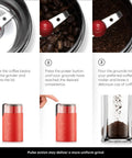 Instructions for using Snag This Sleek Electric Blade Coffee Grinder Featuring Durable Stainless Steel Blades Easy Push Button Control Crystal Clear Lid And Secure Cord Storage For Premium Daily Grinding In Bold Red.