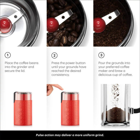 Instructions for using Snag This Sleek Electric Blade Coffee Grinder Featuring Durable Stainless Steel Blades Easy Push Button Control Crystal Clear Lid And Secure Cord Storage For Premium Daily Grinding In Bold Red.