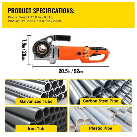 Heavy Duty Boss Level 2300W Electric Pipe Threader With A Completely Enclosed Copper Motor And Six Interchangeable Ratcheting Dies For Cranking Out Clean Threads Real Quick with specifications and pipe types.