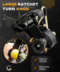 Close-up of Four Pack One And A Half Inch Ratchet Straps With J Hooks, showing large ratchet turn knob and ergonomic design.
