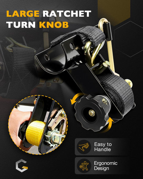 Close-up of Four Pack One And A Half Inch Ratchet Straps With J Hooks, showing large ratchet turn knob and ergonomic design.