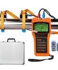 Handheld Ultrasonic Flow Meter Portable Clamp On Flowmeter With Data Output TS 2 TM 1 TL 1 Sensors shown with metal pipe and case