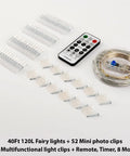 Warm White Fairy String Lights With Photo Clips And Hooks, USB Powered Waterproof 40Ft String Light With 120LED, 8 Modes And Timer, Cozy Indoor Outdoor Decor For Bedroom Party Wedding, Includes 52 Clips And 12 Hooks, showing remote and coiled wire.