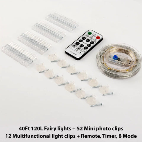 Warm White Fairy String Lights With Photo Clips And Hooks, USB Powered Waterproof 40Ft String Light With 120LED, 8 Modes And Timer, Cozy Indoor Outdoor Decor For Bedroom Party Wedding, Includes 52 Clips And 12 Hooks, showing remote and coiled wire.