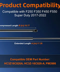 Image of Pair Of Hood Lift Support Struts For Ford F250 F350 F450 F550 Super Duty 2017-2022 with dimensions and compatibility details.