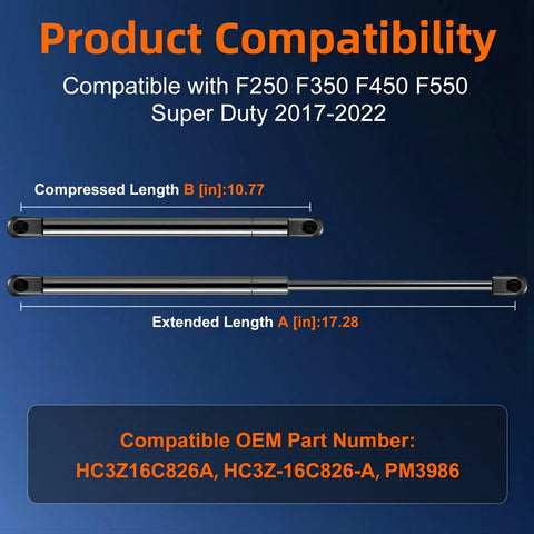 Image of Pair Of Hood Lift Support Struts For Ford F250 F350 F450 F550 Super Duty 2017-2022 with dimensions and compatibility details.