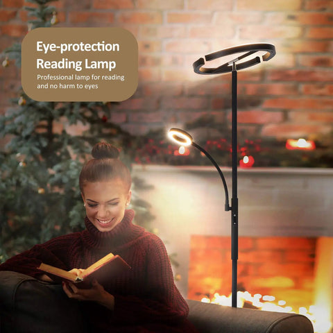 Split Floor Lamp With Reading Light Rotatable Dual Heads LED Standing Lamp Stepless Dimming 3000K-6000K Color Temperature Touch Or Remote Control Great For Living Room Bedroom Office Black