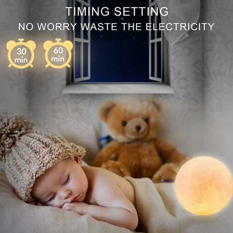 Sleeping baby with Floating Moon Lamp With Magnetic Levitation Base, 18 Color Spinning 3D Night Light glowing nearby.