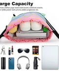 Open Colorful Fish Feather Drawstring Backpack Sackpack For Gym And Everyday Use displaying large capacity with various items inside.