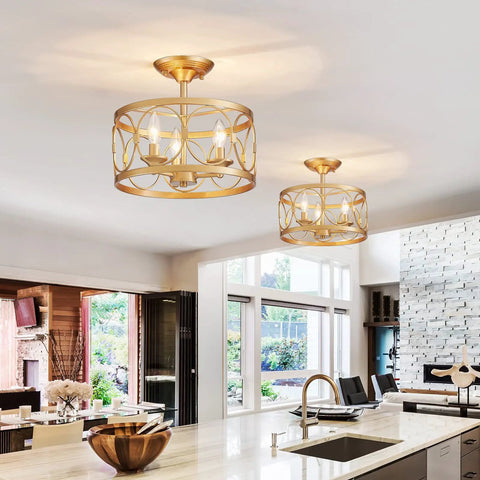 3 Light Farmhouse Semi Flush Mount Ceiling Light with gold finish illuminating a modern kitchen, 12.6 inch diameter, 11.4 inch height