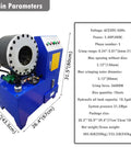 Heavy Duty Electric Hose Crimping Machine And Hydraulic Tube Neck Shrinking Tool With Ten Precision Dies For Rubber Pipe Clamping Press 220V No Sweat Grind Master with specifications chart.