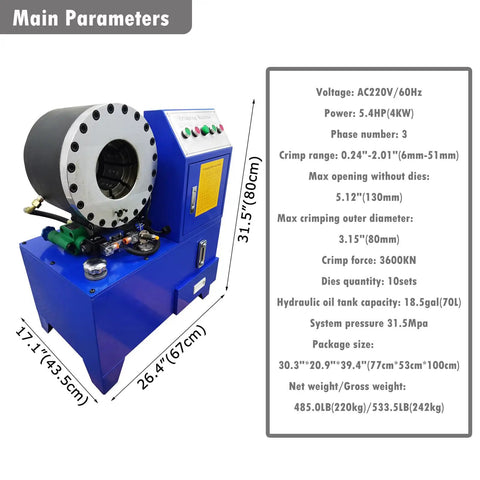 Heavy Duty Electric Hose Crimping Machine And Hydraulic Tube Neck Shrinking Tool With Ten Precision Dies For Rubber Pipe Clamping Press 220V No Sweat Grind Master with specifications chart.