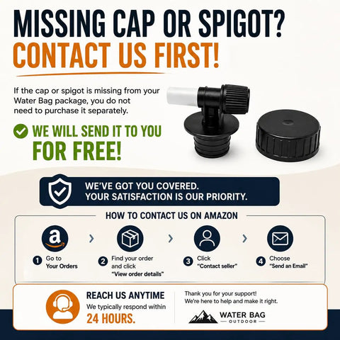 Missing cap or spigot for Two Gallon Collapsible Water Container With Spout For Camping And Outdoors Ready Grab And Go Reusable Plastic