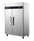 Heavy Duty Commercial Dual Temp Reach In Refrigerator And Freezer With Shiny Stainless Steel Build and digital controls front view.