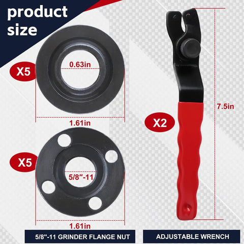 All-In-One 12-Piece Grinder Nut And Wrench Set For 4.5 To 7 Inch Grinders, includes adjustable wrenches and grinder flange nuts.