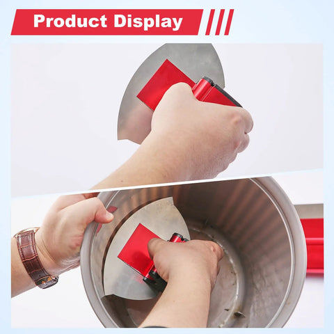 Hands holding Pro Grade Drywall Skimming Blade Set With 16 Inch And 24 Inch Blades Semicircular Blade for smooth edges.