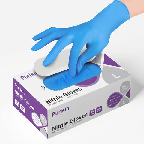 Hand wearing blue glove from box labeled 'Blue Nitrile Disposable Gloves Large Size No Latex No Powder Safe Working Gloves For Home And Work Chemical Resistant Tear Resistant Ambidextrous Everyday Workhorse Electrical Resistance 100 Count'