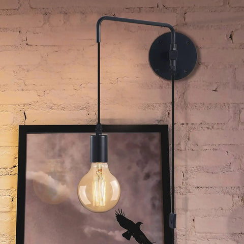 Set Of 2 Plug In Wall Sconces In Metal Black With Swing Arm And On Off Switch Cozy Vintage Industrial Wall Lighting For Bedroom Reading Nook Home Library And Living Room Accent Lamps featuring an exposed bulb against brick wall