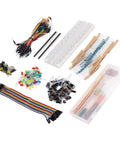 Massive Electronics Component Kit With 400 Plus Pieces Starter Pack USB Cable And Power Module Clear Labeled Storage Box Plug And Play Breadboard Ready 830 Tie Point Ideal For Arduino R3 Projects displayed with components and breadboard