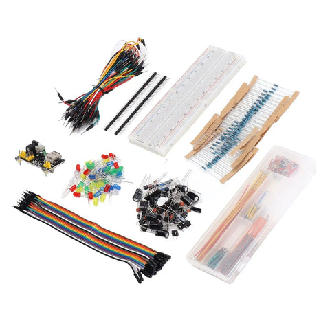 Massive Electronics Component Kit With 400 Plus Pieces Starter Pack USB Cable And Power Module Clear Labeled Storage Box Plug And Play Breadboard Ready 830 Tie Point Ideal For Arduino R3 Projects displayed with components and breadboard