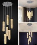 Dimmable Modern LED Crystal Pendant Lights Fixture for Kitchen Island with lit crystal columns hanging elegantly from ceiling mount.