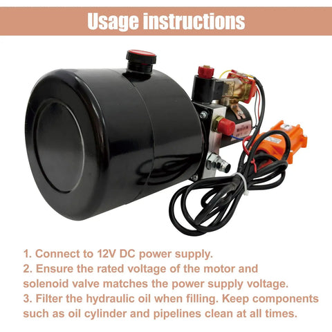 Dinenovate 12V Small Hydraulic Power Unit 800W Single Valve Pump Station With 6L Tank showing usage instructions for power supply and oil filling.