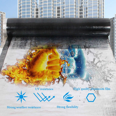 Tough As Nails Bitumen Waterproof Tape With Sturdy Aluminum Foil Backing for leak fixes, showing UV resistance and durability features.