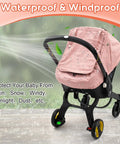 Pink all season waterproof baby car seat cover with 3D mink dot interior on stroller, protects from sunlight and rain