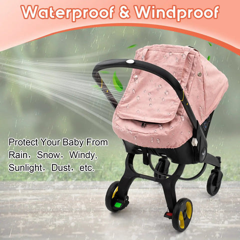 Pink all season waterproof baby car seat cover with 3D mink dot interior on stroller, protects from sunlight and rain