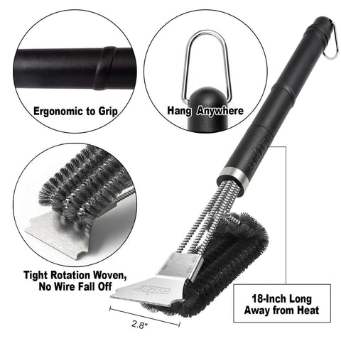 Grill Boss Heavy Duty 18 Inch Stainless Steel Grill Brush And Scraper With 3 In 1 Bristles featuring ergonomic design and hanging loop
