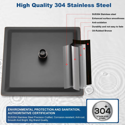 12 Inch Rain Shower Head Large Square Waterfall Showerhead With High Pressure Stainless Steel Finish, oil rubbed bronze detail view