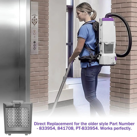Person using vacuum with HEPA Filter Cover Exhaust Door Replacement For ProTeam Backpack Vacuums 107303 107310 107363.
