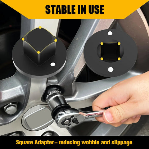 Tough As Nails Low Profile Impact Socket Adapter Set featuring square adapter, hand using ratchet wrench on wheel.